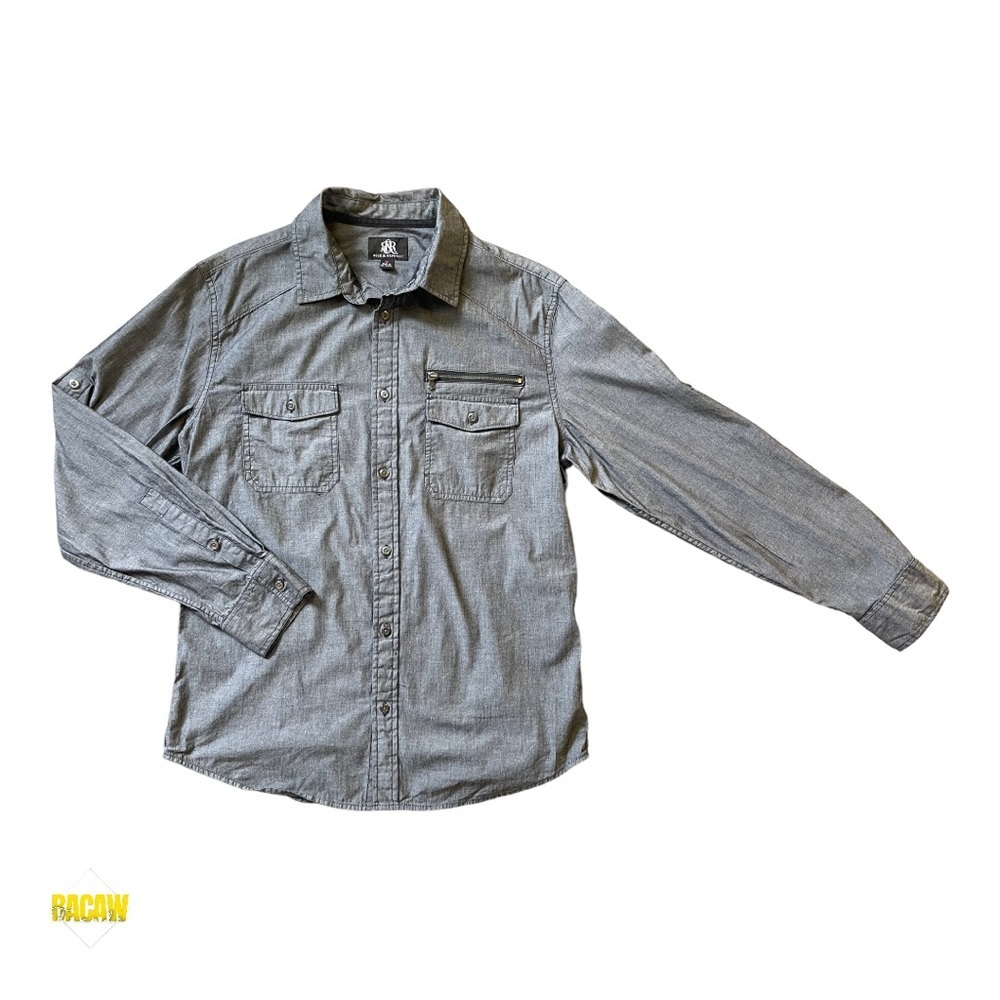 Rock & Republic Shirt Mens M Gray Zipper Pocket Long Sleeve Button-Up